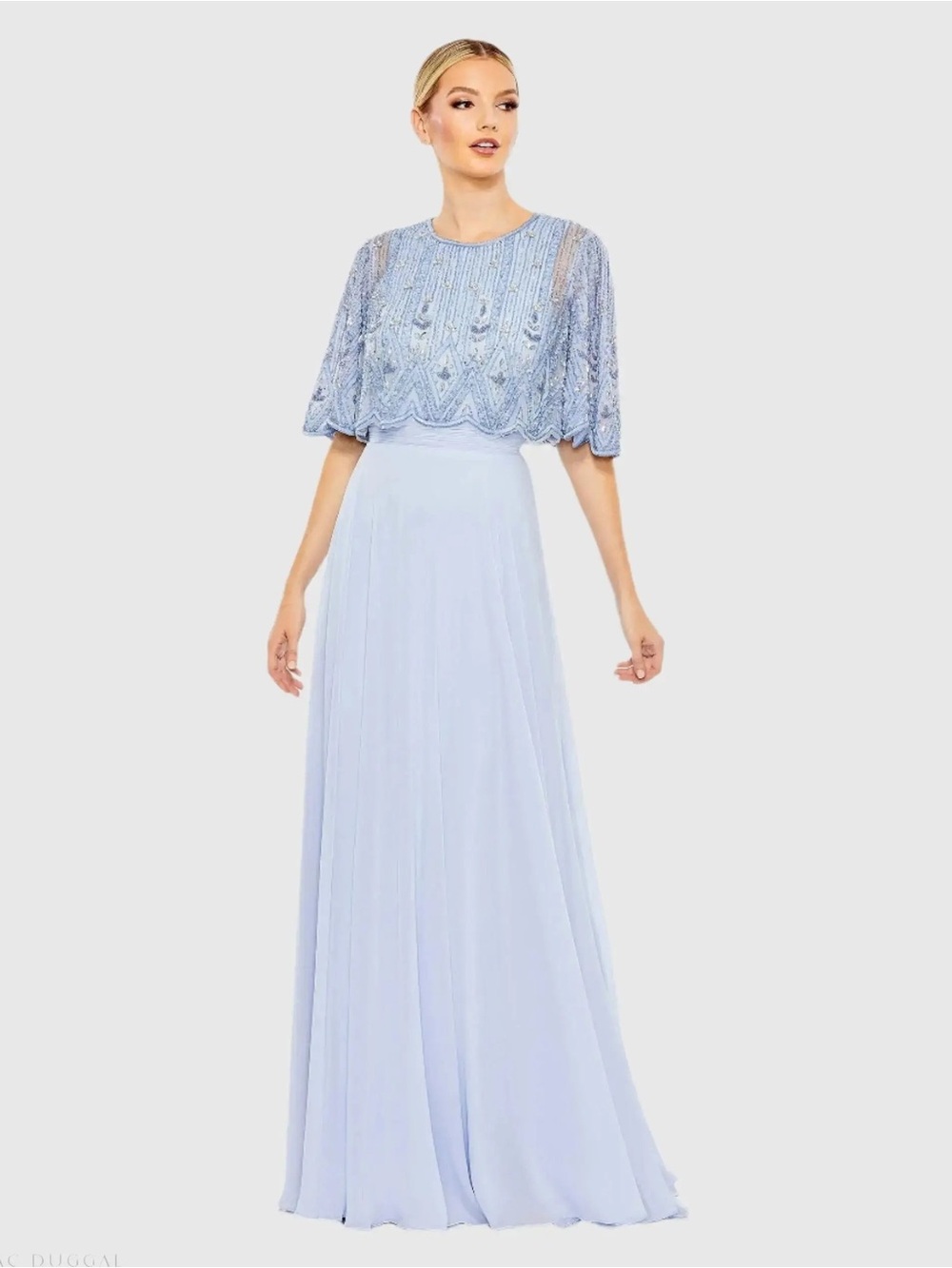 Mac Duggal NWT Beaded Capelet Maxi Dress in Powder Blue Romantic Bohemian 70s
